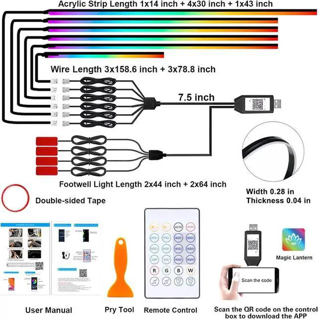 Alt view image 6 of 7 - Acrylic Interior Car Lights with Wireless APP/Remote/Button Control, 10 in 1 Dreamcolor USB Car Ambient Lighting Kit 16 Million Colors Neon Strip Accessories for Vehicle Truck Inside Decorations