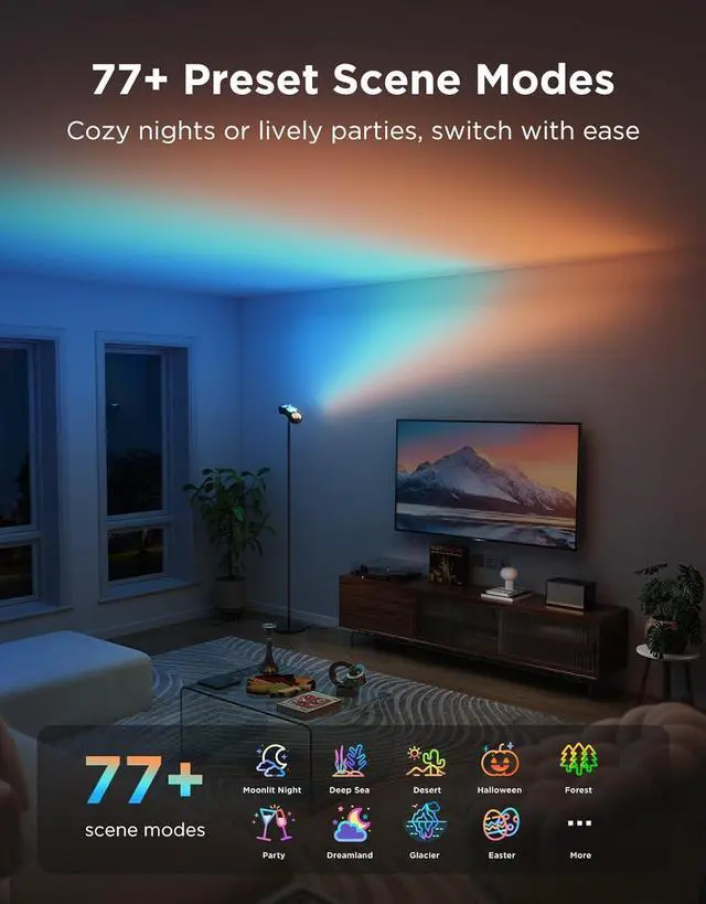 Alt view image 4 of 7 - Torchiere Floor Lamp with Matter, Alexa Compatible, RGBIC Warm Cool White Standing Lamp with 77 Scene Modes, Music Sync, 67" Modern Floor Lamps for Living Room Bedroom, Black, 172 ft² Light Area