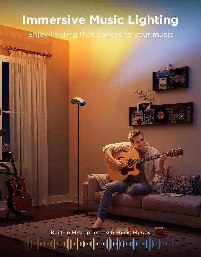 Alt view image 5 of 7 - Torchiere Floor Lamp with Matter, Alexa Compatible, RGBIC Warm Cool White Standing Lamp with 77 Scene Modes, Music Sync, 67" Modern Floor Lamps for Living Room Bedroom, Black, 172 ft² Light Area