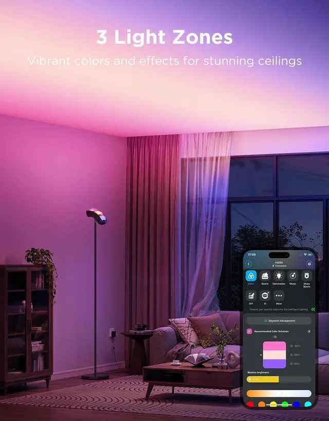 Alt view image 2 of 7 - Torchiere Floor Lamp with Matter, Alexa Compatible, RGBIC Warm Cool White Standing Lamp with 77 Scene Modes, Music Sync, 67" Modern Floor Lamps for Living Room Bedroom, Black, 172 ft² Light Area