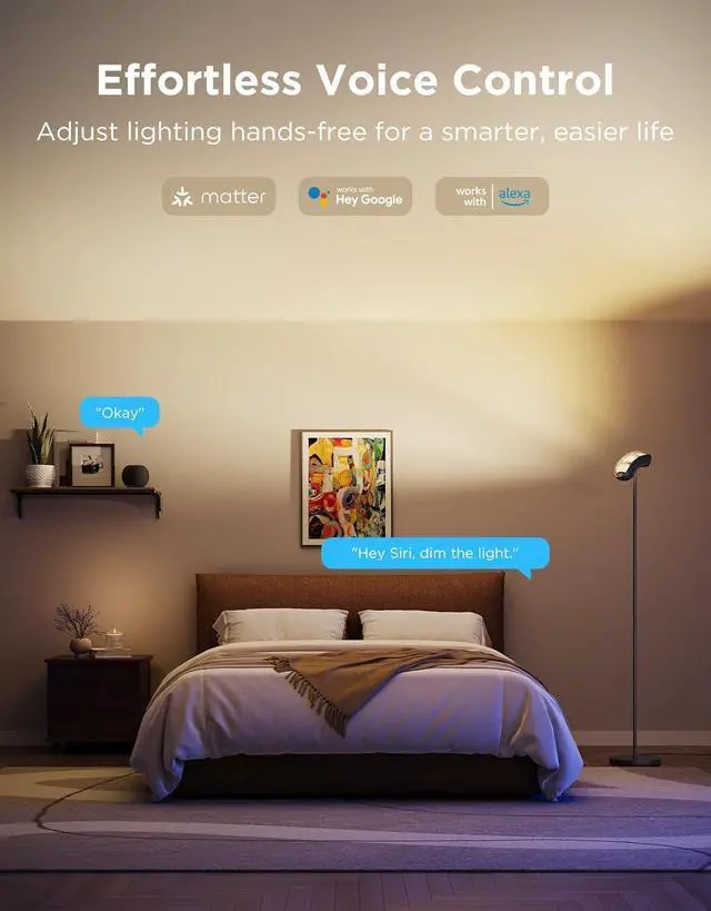 Alt view image 6 of 7 - Torchiere Floor Lamp with Matter, Alexa Compatible, RGBIC Warm Cool White Standing Lamp with 77 Scene Modes, Music Sync, 67" Modern Floor Lamps for Living Room Bedroom, Black, 172 ft² Light Area