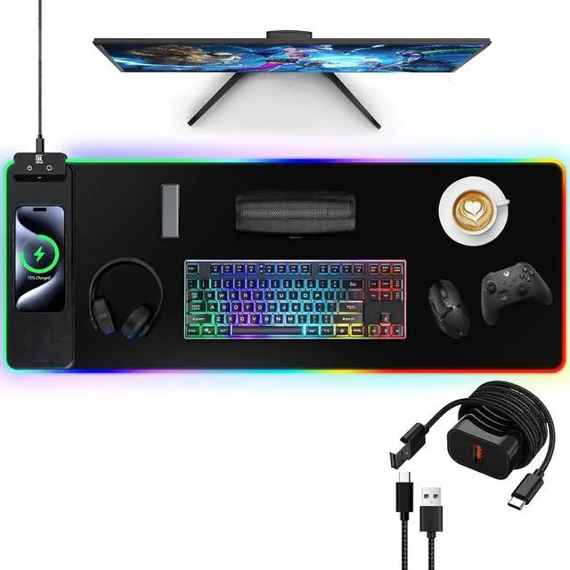Main image of RGB Gaming Mouse Pad with Fast Wireless Charger, LED Extended Desk Mat, Home Office Large Desk Pad with Ultra-Smooth Surface, Non-Slip Base, Waterproof Keyboard Pad (Black)