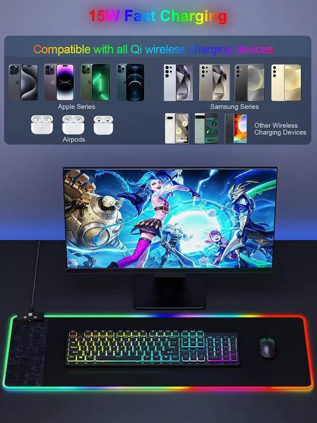 Alt view image 3 of 6 - RGB Gaming Mouse Pad with Fast Wireless Charger, LED Extended Desk Mat, Home Office Large Desk Pad with Ultra-Smooth Surface, Non-Slip Base, Waterproof Keyboard Pad (Black)
