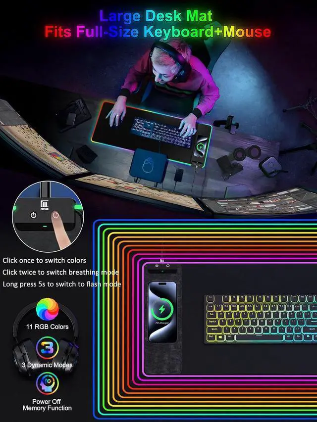 Alt view image 2 of 6 - RGB Gaming Mouse Pad with Fast Wireless Charger, LED Extended Desk Mat, Home Office Large Desk Pad with Ultra-Smooth Surface, Non-Slip Base, Waterproof Keyboard Pad (Black)