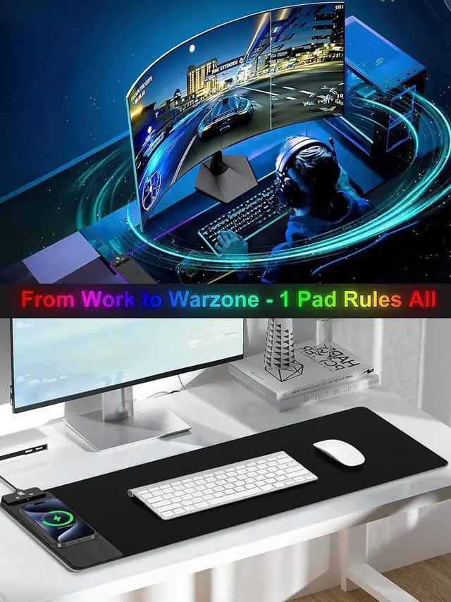 Alt view image 6 of 6 - RGB Gaming Mouse Pad with Fast Wireless Charger, LED Extended Desk Mat, Home Office Large Desk Pad with Ultra-Smooth Surface, Non-Slip Base, Waterproof Keyboard Pad (Black)