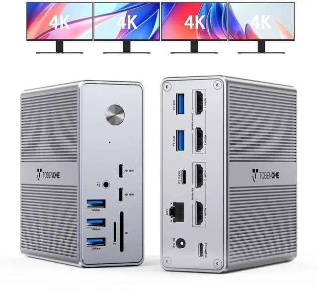Main image of TobenONE DisplayLink Docking Station 4 Monitor with 4 HDMI, 18-in-1 Quad/Triple 4K@60Hz Display Dock with 120W Power Supply for Thunderbolt 5/4/3, USB4, USB-C Windows, MacBook(8 USB, Ethernet, etc)