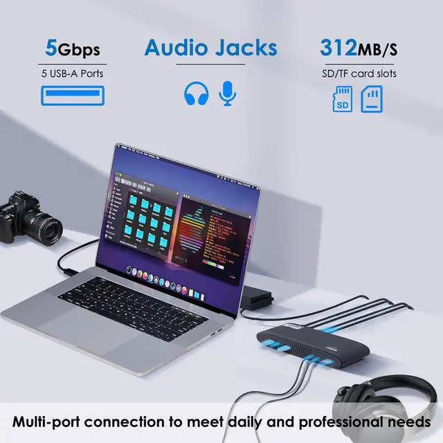 Alt view image 6 of 7 - WAVLINK DisplayLink Docking Station 3 Monitors, USB-C Laptop Dock Dual 2K + 4K for Mac & Windows, 13-in-1 with 100W Charging, 3 HDMI, 5 USB Ports, Ethernet, SD/TF, Audio