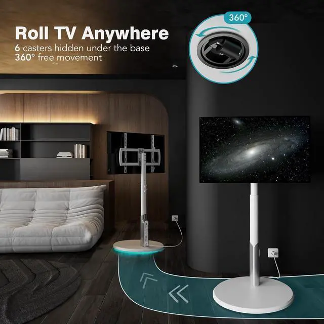 Alt view image 2 of 7 - Floor Mobile TV Stand with Power Outlet, Rolling TV Cart for 27-65 Inch OLED LED Monitors, 6 Levels of Height Adjustment, Ambient Lighting on The Bottom Wheels Holds up to 88lbs, 400x400mm