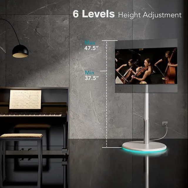 Alt view image 3 of 7 - Floor Mobile TV Stand with Power Outlet, Rolling TV Cart for 27-65 Inch OLED LED Monitors, 6 Levels of Height Adjustment, Ambient Lighting on The Bottom Wheels Holds up to 88lbs, 400x400mm