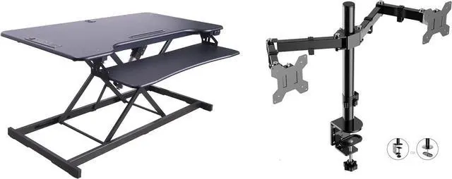 Main image of 46" Electric Standing Desk Converter with AC Outlet USB Charger and Dual Monitor Arm Mount - Motorized Adjustable Sit Stand Riser - Tabletop Workstation Keyboard Tray - Black (R EDRB-46-DM2)
