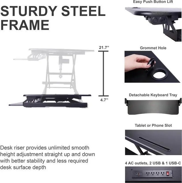 Alt view image 3 of 6 - 46" Electric Standing Desk Converter with AC Outlet USB Charger and Dual Monitor Arm Mount - Motorized Adjustable Sit Stand Riser - Tabletop Workstation Keyboard Tray - Black (R EDRB-46-DM2)
