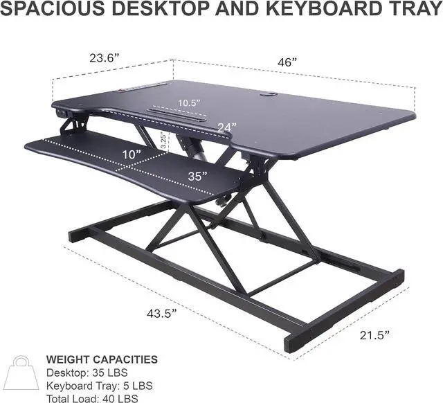 Alt view image 4 of 6 - 46" Electric Standing Desk Converter with AC Outlet USB Charger and Dual Monitor Arm Mount - Motorized Adjustable Sit Stand Riser - Tabletop Workstation Keyboard Tray - Black (R EDRB-46-DM2)