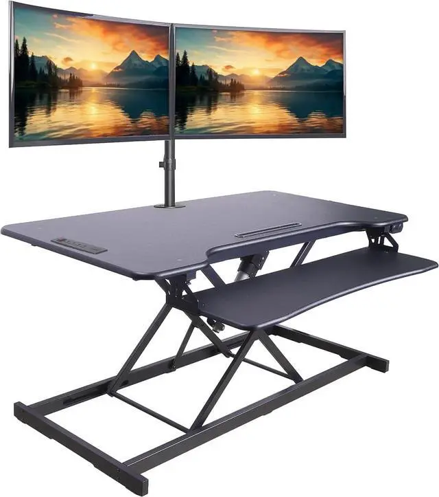 Alt view image 2 of 6 - 46" Electric Standing Desk Converter with AC Outlet USB Charger and Dual Monitor Arm Mount - Motorized Adjustable Sit Stand Riser - Tabletop Workstation Keyboard Tray - Black (R EDRB-46-DM2)