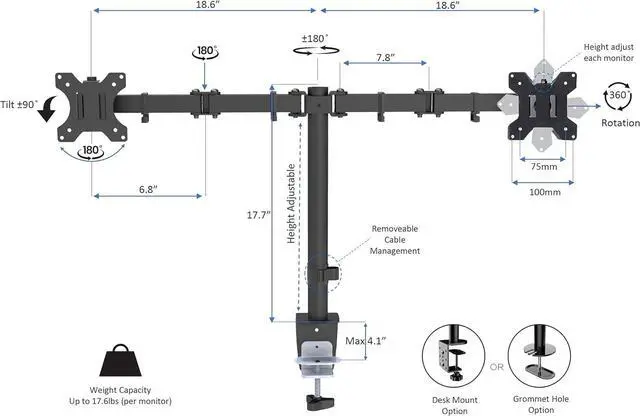 Alt view image 5 of 6 - 46" Electric Standing Desk Converter with AC Outlet USB Charger and Dual Monitor Arm Mount - Motorized Adjustable Sit Stand Riser - Tabletop Workstation Keyboard Tray - Black (R EDRB-46-DM2)