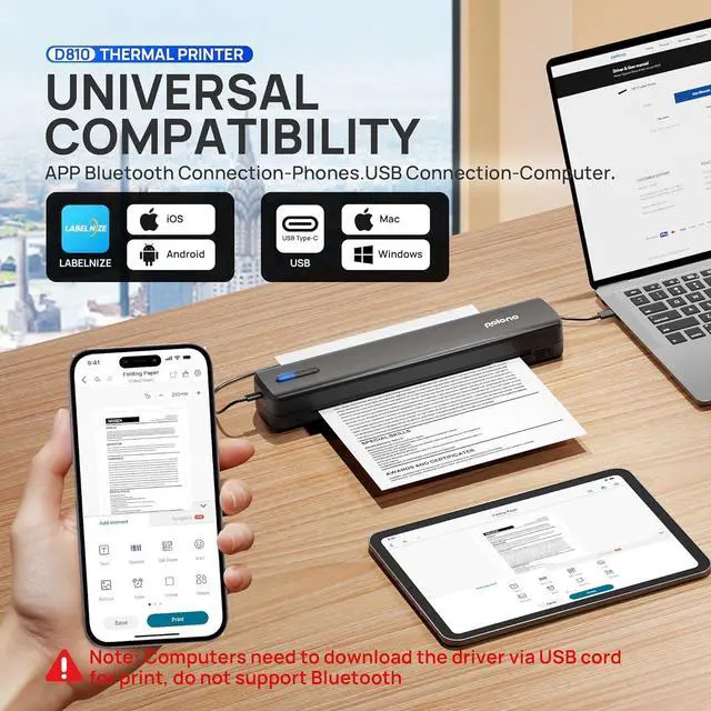 Alt view image 2 of 7 - Portable Printer, D810 Inkless Bluetooth Thermal Printer Wireless for Travel, Compatible with iOS, Android, Laptop, Supports 8.5"x11" US Letter for Office, Car, Home, Black