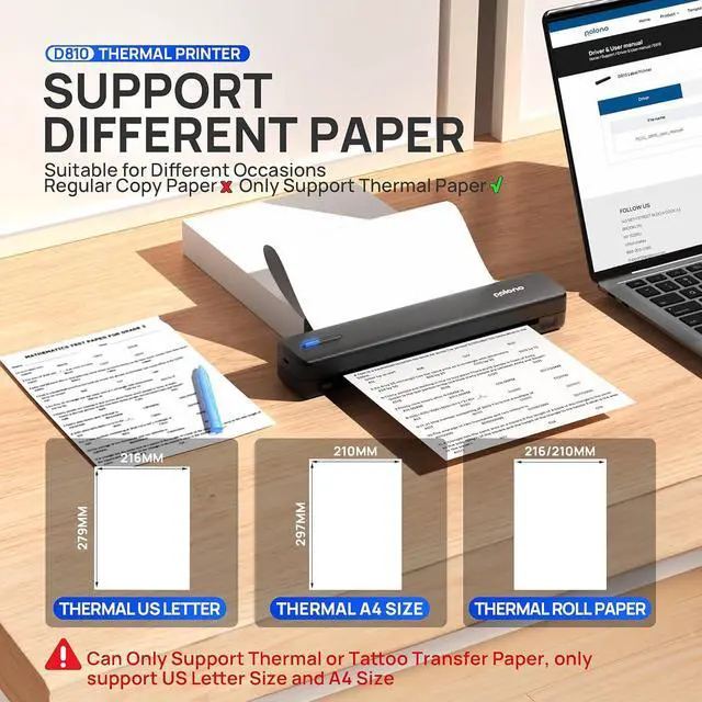 Alt view image 4 of 7 - Portable Printer, D810 Inkless Bluetooth Thermal Printer Wireless for Travel, Compatible with iOS, Android, Laptop, Supports 8.5"x11" US Letter for Office, Car, Home, Black