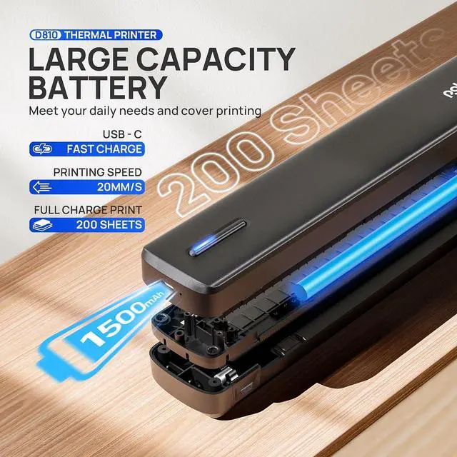 Alt view image 6 of 7 - Portable Printer, D810 Inkless Bluetooth Thermal Printer Wireless for Travel, Compatible with iOS, Android, Laptop, Supports 8.5"x11" US Letter for Office, Car, Home, Black