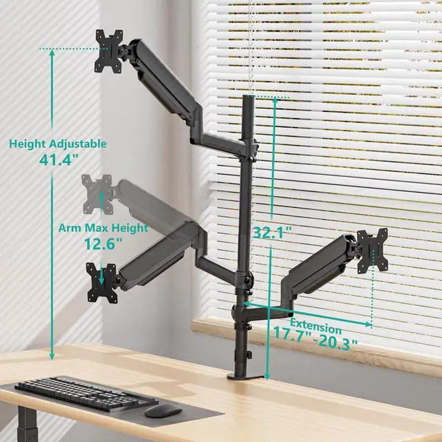 Alt view image 5 of 6 - Triple Monitor Mount for 17-32 Inch Screens, Full Adjustable 3 Monitors Desk Mount with Clamp & Grommet Base, Gas Spring Monitor Arm, up to 19.8lbs Each, VESA 75x75 100x100 mm (GSDM003XL), Black