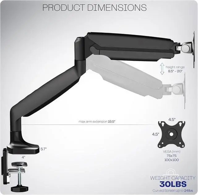 Alt view image 3 of 7 - Premium Aluminum Heavy Duty Single Monitor Arm for Ultrawide Monitor up to 40 inches and 30 lbs, Desk Mount Stand, Pneumatic Height, Max VESA 100x100, Black, STAND-V110Q