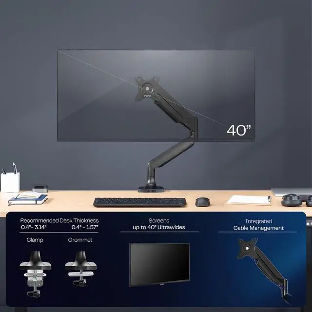 Alt view image 4 of 7 - Premium Aluminum Heavy Duty Single Monitor Arm for Ultrawide Monitor up to 40 inches and 30 lbs, Desk Mount Stand, Pneumatic Height, Max VESA 100x100, Black, STAND-V110Q