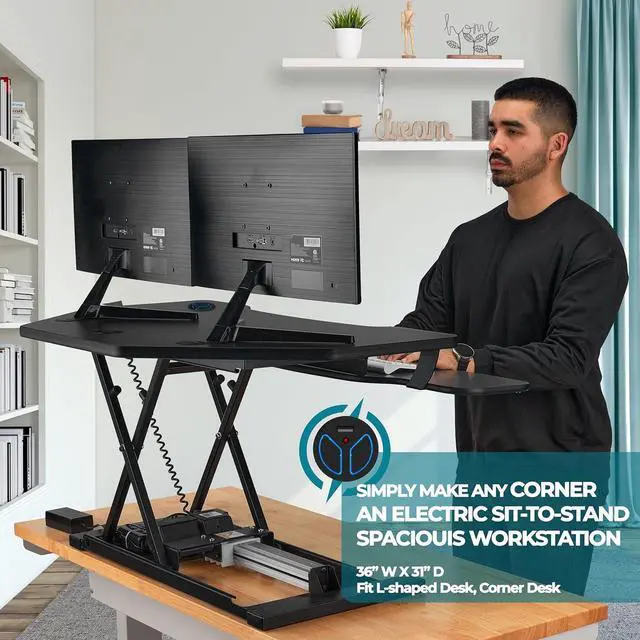 Alt view image 4 of 7 - ® PowerPro 36" Corner Standing Desk Converter, 36 Inch Motorized Height-Adjustable Standup Desk Riser Sit to Stand Desktop with Keyboard and Mouse Tray + USB Charging Port, Black