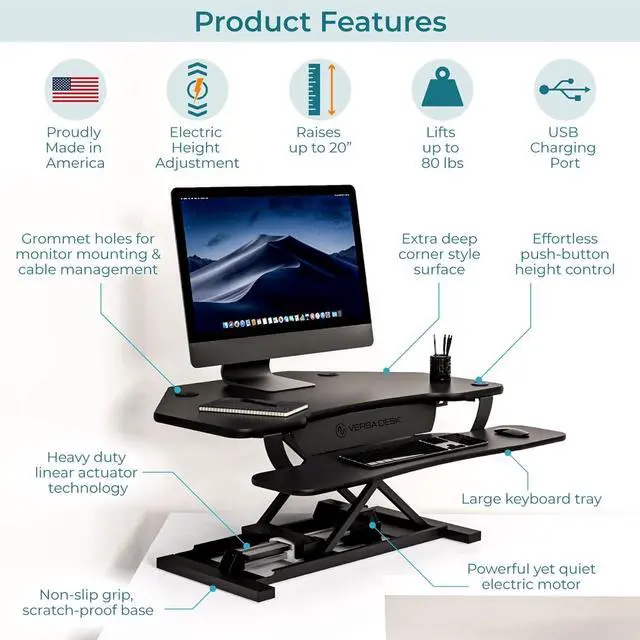 Alt view image 5 of 7 - ® PowerPro 36" Corner Standing Desk Converter, 36 Inch Motorized Height-Adjustable Standup Desk Riser Sit to Stand Desktop with Keyboard and Mouse Tray + USB Charging Port, Black