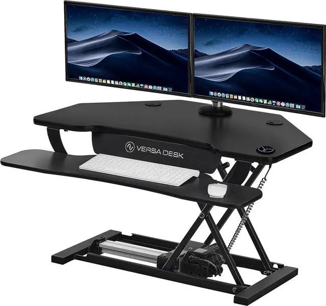 Main image of ® PowerPro 36" Corner Standing Desk Converter, 36 Inch Motorized Height-Adjustable Standup Desk Riser Sit to Stand Desktop with Keyboard and Mouse Tray + USB Charging Port, Black
