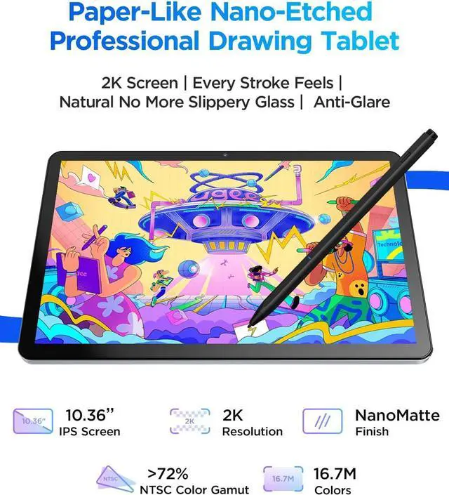 Alt view image 3 of 7 - Pad Drawing Tablet No Computer Needed,Android 14 tablet drawing Stand for 7000mAh+18W Battery,6GB+128GB Fun Drawing Pad 2K Ultra HD Large Screen with Full-Laminated Screen,Standalone Tablet 10.36