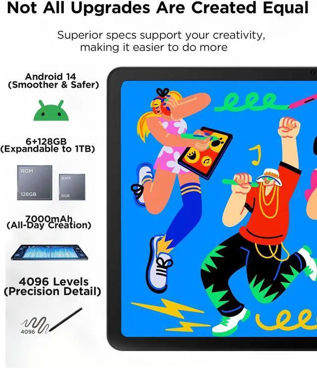 Alt view image 4 of 7 - Pad Drawing Tablet No Computer Needed,Android 14 tablet drawing Stand for 7000mAh+18W Battery,6GB+128GB Fun Drawing Pad 2K Ultra HD Large Screen with Full-Laminated Screen,Standalone Tablet 10.36