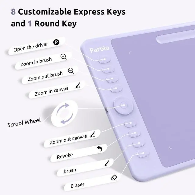 Alt view image 3 of 7 - Parblo Intangbo M Drawing Tablet 10x6 inch,Digital Graphic Tablet with 8192 Levels,Battery-Free Stylus and 8 Hot-Keys Drawing Pad,Work with Window/Mac,Android,Purple