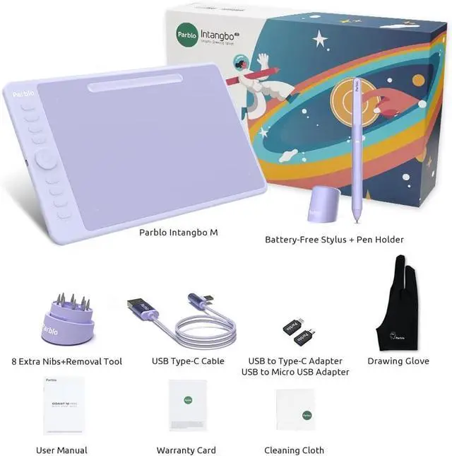 Alt view image 7 of 7 - Parblo Intangbo M Drawing Tablet 10x6 inch,Digital Graphic Tablet with 8192 Levels,Battery-Free Stylus and 8 Hot-Keys Drawing Pad,Work with Window/Mac,Android,Purple