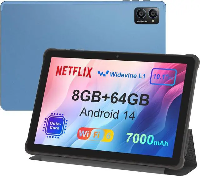 Main image of 10 inch Android 14 Tablet: 2025 8-Core CPU 8GB RAM 64GB ROM 1TB Expandable Widevine L1 Android Tablet 7000mAh Battery OTG IPS Face Recognition, Metal Body + Stand Case