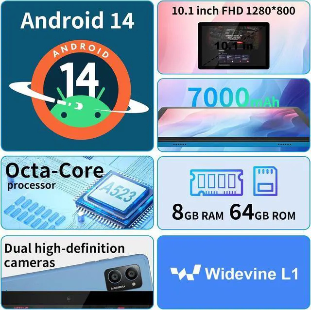 Alt view image 2 of 7 - 10 inch Android 14 Tablet: 2025 8-Core CPU 8GB RAM 64GB ROM 1TB Expandable Widevine L1 Android Tablet 7000mAh Battery OTG IPS Face Recognition, Metal Body + Stand Case
