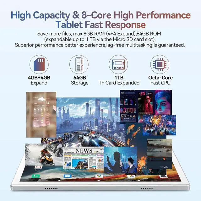 Alt view image 2 of 7 - Android 14 Tablet 2025 Latest Tablets, 10 inch Tablet (4+4)GB RAM 64GB ROM 1TB Expand, 2 in 1 Tablets with Keyboard, Case, Stylus, Octa-Core Tableta PC, WiFi 6, Bluetooth,13MP+5MP Dual Camera (Silver)