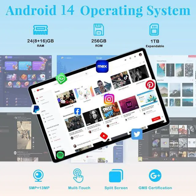 Alt view image 3 of 7 - Tablet 11 inch, 2025 Android 14 Tablet with 24GB RAM 256GB ROM ( 1TB Expand ), Octa-Core Tablets with 13MP+5MP Camera, 8000mAh, IPS HD Touch Screen, 5G WiFi Widevine L1, GPS, Split Screen -Metal Blue