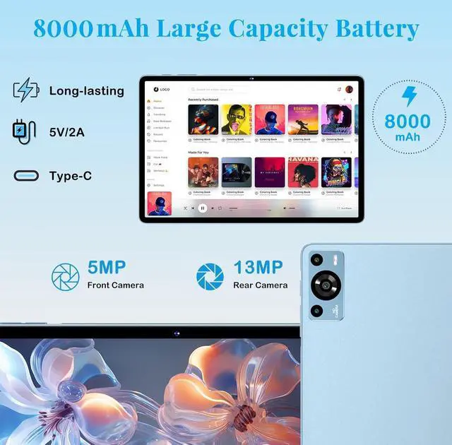 Alt view image 6 of 7 - Tablet 11 inch, 2025 Android 14 Tablet with 24GB RAM 256GB ROM ( 1TB Expand ), Octa-Core Tablets with 13MP+5MP Camera, 8000mAh, IPS HD Touch Screen, 5G WiFi Widevine L1, GPS, Split Screen -Metal Blue