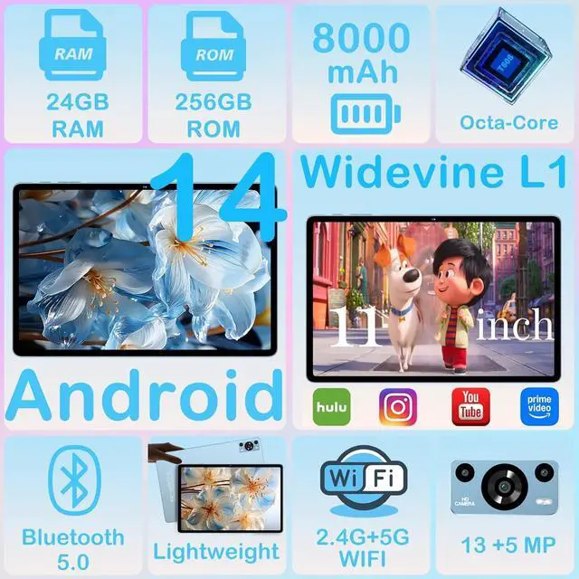 Alt view image 2 of 7 - Tablet 11 inch, 2025 Android 14 Tablet with 24GB RAM 256GB ROM ( 1TB Expand ), Octa-Core Tablets with 13MP+5MP Camera, 8000mAh, IPS HD Touch Screen, 5G WiFi Widevine L1, GPS, Split Screen -Metal Blue