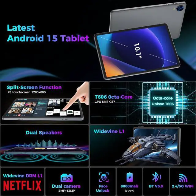 Alt view image 2 of 7 - Android 15 Tablet with Keyboard, 26GB RAM, 256GB ROM(2TB Expand), 10.1 inch Octa-Core Tablets, 5G/2.4G WiFi, 8000mAh Battery, BT 5.0, GMS Certified, with Mouse, Case, Stylus, Split screen(Green)