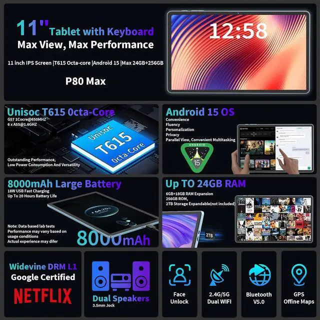 Alt view image 2 of 7 - Android 15 Tablet, 2025 Upgraded 11 inch Android Tablets with Keyboard, 24GB+256GB+2TB Expand, Support Face Unlock+18W Fast Charging, Octa-Core CPU,Dual WiFi, Dual Camera,8000mAh Battery, Silver