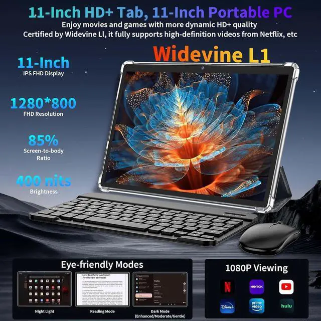 Alt view image 3 of 7 - Android 15 Tablet, 2025 Upgraded 11 inch Android Tablets with Keyboard, 24GB+256GB+2TB Expand, Support Face Unlock+18W Fast Charging, Octa-Core CPU,Dual WiFi, Dual Camera,8000mAh Battery, Silver