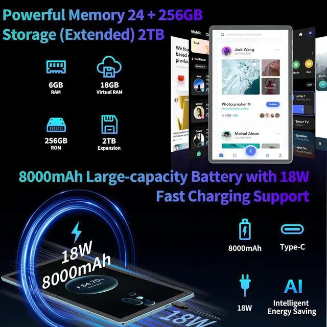 Alt view image 4 of 7 - Android 15 Tablet, 2025 Upgraded 11 inch Android Tablets with Keyboard, 24GB+256GB+2TB Expand, Support Face Unlock+18W Fast Charging, Octa-Core CPU,Dual WiFi, Dual Camera,8000mAh Battery, Silver