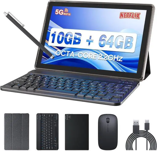 Main image of Tablet MTK8768 Octa-CORE 10.1Inch RAM 10GB(4GB+6GB Expand) +64GB ROM+1TB Expandable Computer PC with Case/Keyboard/Mouse, IPS 1280 * 800 Screen, 2+8MP Dual Camera, WiFi, BT, (Black Kit)