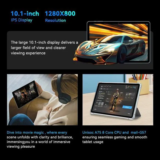 Alt view image 3 of 6 - Android 14 Tablets,Unisoc A75 8 Core CPU.10 Inch Tablet.12GB RAM+128GB ROM(TF 1TB).Widevine L1 1280x800 IPS HD Touch Screen, 6000mAh, Three Cameras.Android Tablet with Bluetooth 5.0, WiFi
