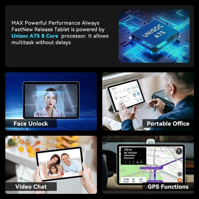 Alt view image 6 of 6 - Android 14 Tablets,Unisoc A75 8 Core CPU.10 Inch Tablet.12GB RAM+128GB ROM(TF 1TB).Widevine L1 1280x800 IPS HD Touch Screen, 6000mAh, Three Cameras.Android Tablet with Bluetooth 5.0, WiFi