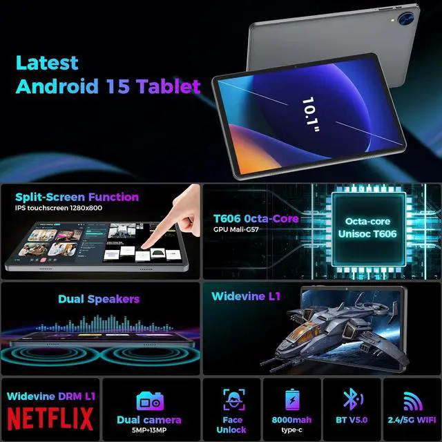 Alt view image 2 of 7 - Android 15 Tablet with Keyboard, 26GB RAM, 256GB ROM(2TB Expand), 10.1 inch Octa-Core Tablets, 5G/2.4G WiFi, 8000mAh Battery, BT 5.0, GMS Certified, with Mouse, Case, Stylus, Split screen(Black)