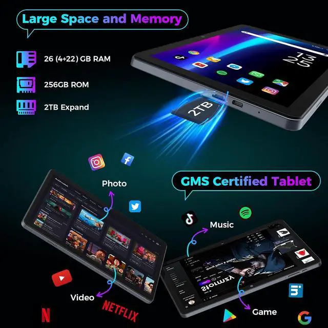 Alt view image 3 of 7 - Android 15 Tablet with Keyboard, 26GB RAM, 256GB ROM(2TB Expand), 10.1 inch Octa-Core Tablets, 5G/2.4G WiFi, 8000mAh Battery, BT 5.0, GMS Certified, with Mouse, Case, Stylus, Split screen(Black)