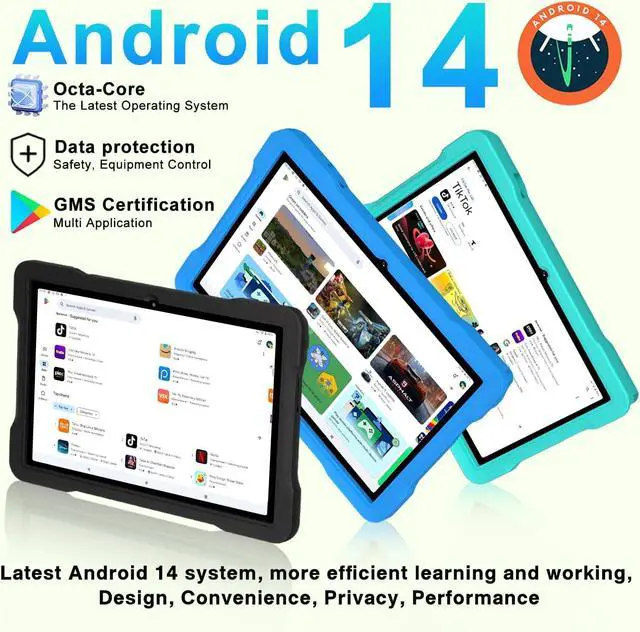 Alt view image 3 of 7 - Kids Tablet Android 14, 10.1 inch Tablet for Kids, 20GB+128GB/1TB Expandable, Android Tablets with WiFi 6, Octa-Core, Parental Control, BT5.0, 360° EVA Case - Green