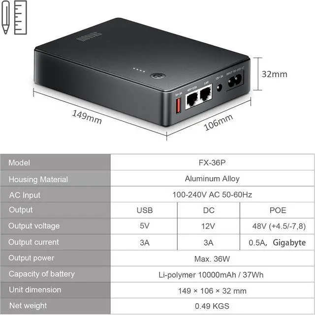 Alt view image 3 of 6 - Mini UPS Battery Backup with Gigabit POE for Router, Modem, Security Camera, Input AC Output 5V USB 12V DC and 48V POE (1000Mbps)
