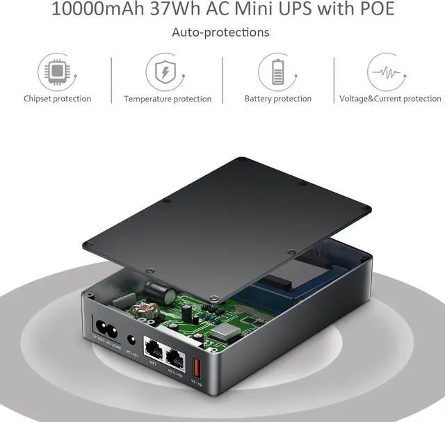 Alt view image 4 of 6 - Mini UPS Battery Backup with Gigabit POE for Router, Modem, Security Camera, Input AC Output 5V USB 12V DC and 48V POE (1000Mbps)
