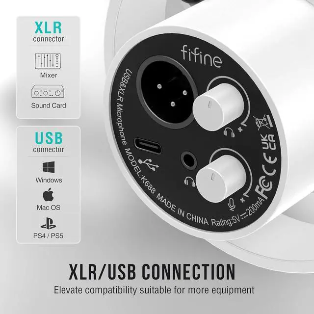 Alt view image 4 of 7 - Podcast XLR/USB Microphone Kit, Studio Dynamic Vocal Mic for Recording, Streaming, Voice-Over, PC Microphone with Boom Arm with Mute, Headphone Monitoring, Metal-AmpliTank K688T White